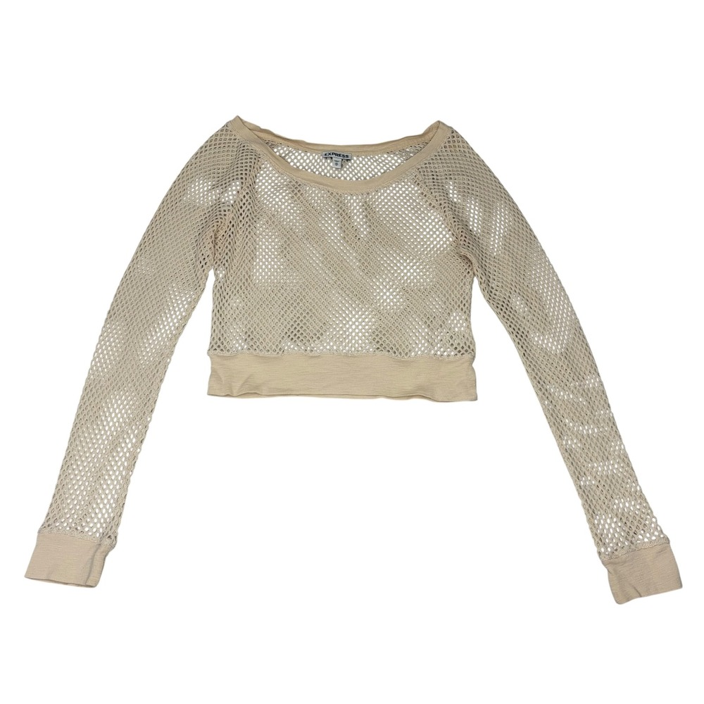 Express‎ Womens Fishnet Mesh Long Sleeve Crop Top Y2K Grunge Going Out XS Beige